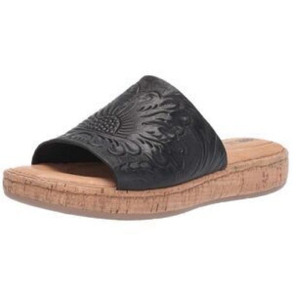 Born Shoes - Born Rio Tooled Embossed Leather Strap Wedge Slide Sandals Size Women’s 11 Black